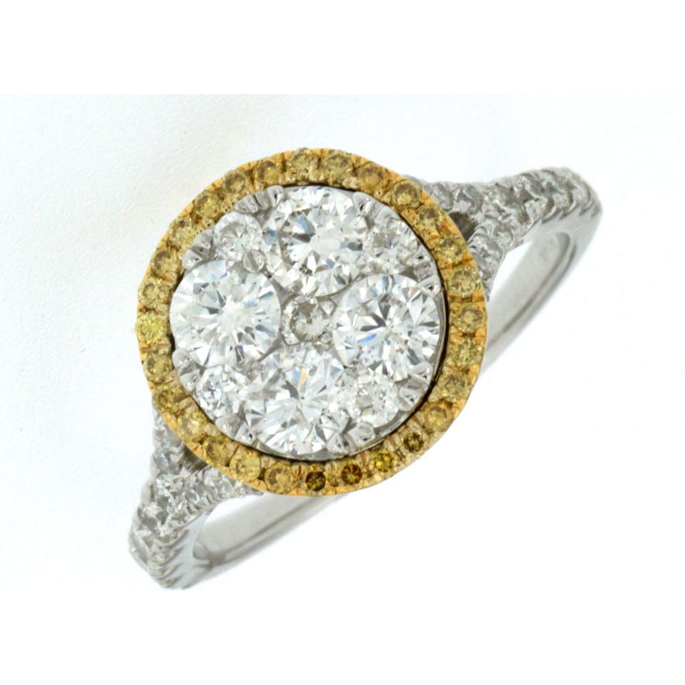 Royal 14K White Gold Halo Ring with Round Diamonds and Yellow Diamond Accent - 1.48 Carats Total Diamond Weight