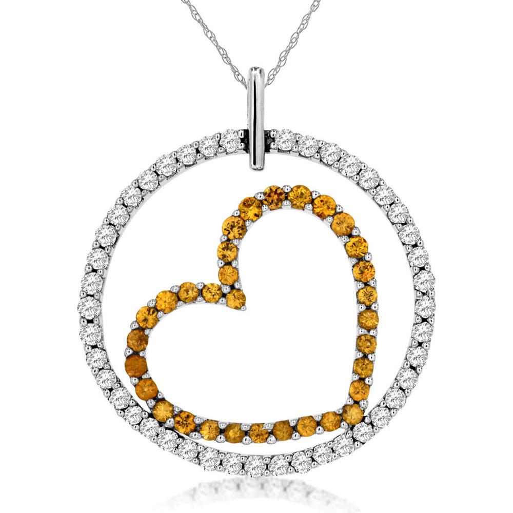 Royal 14K White Gold Heart Pendant with Diamond and Yellow Sapphire - 1.80 Carat Total Gem Weight