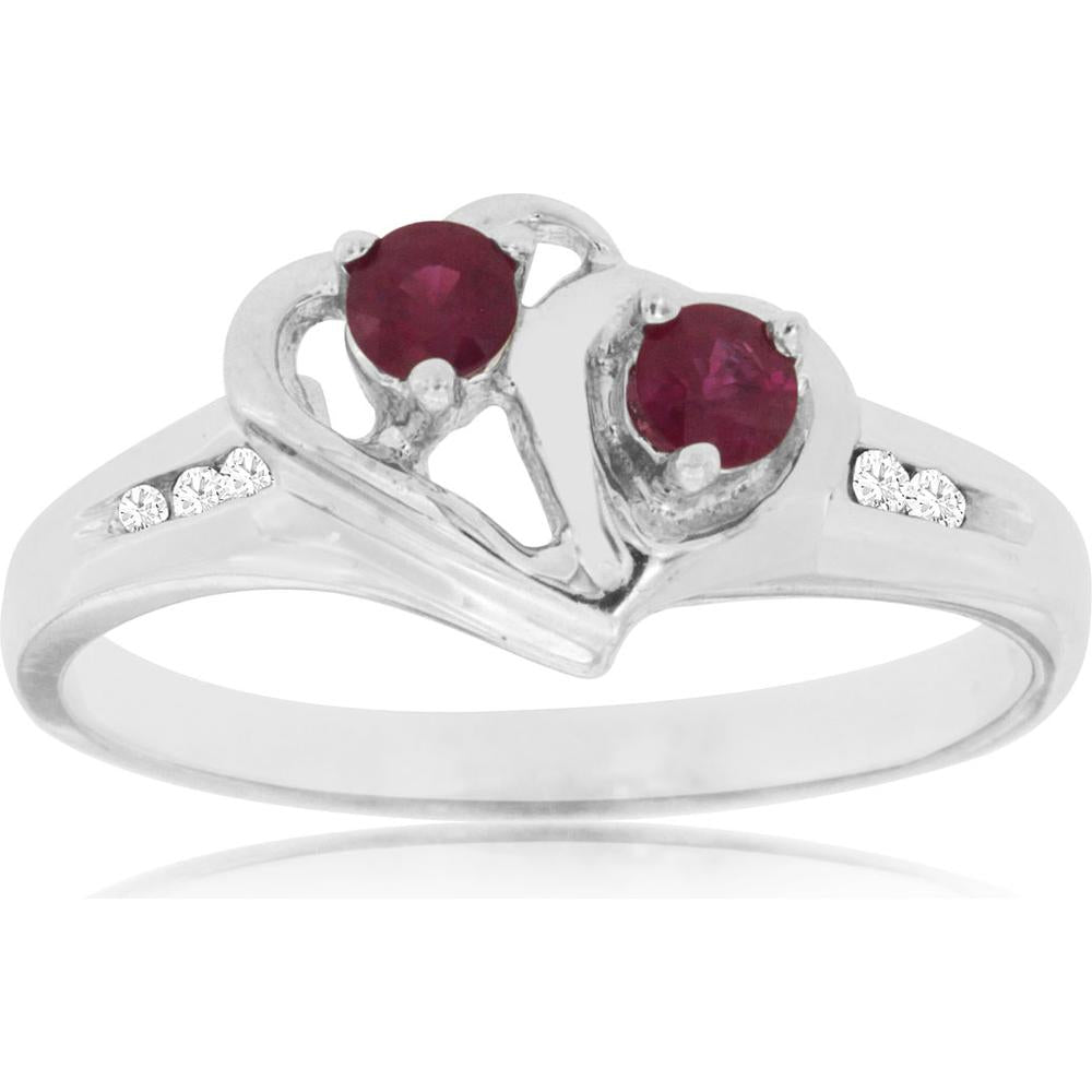 Royal 14K White Gold Heart Ruby & Diamond Ring - 0.29 Carat Total Gem Weight