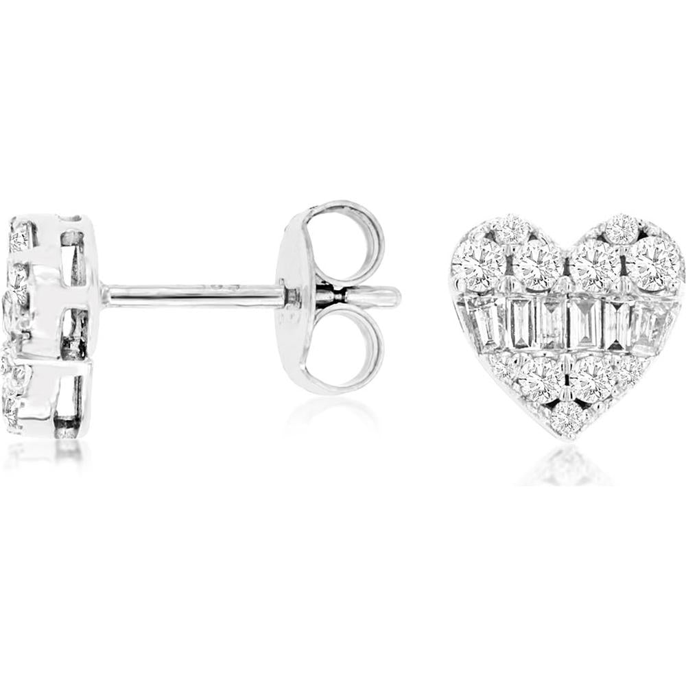 Royal 14K White Gold Heart-Shaped Diamond Stud Earrings with Round and Baguette Diamonds - 0.45 Carats Total Diamond Weight