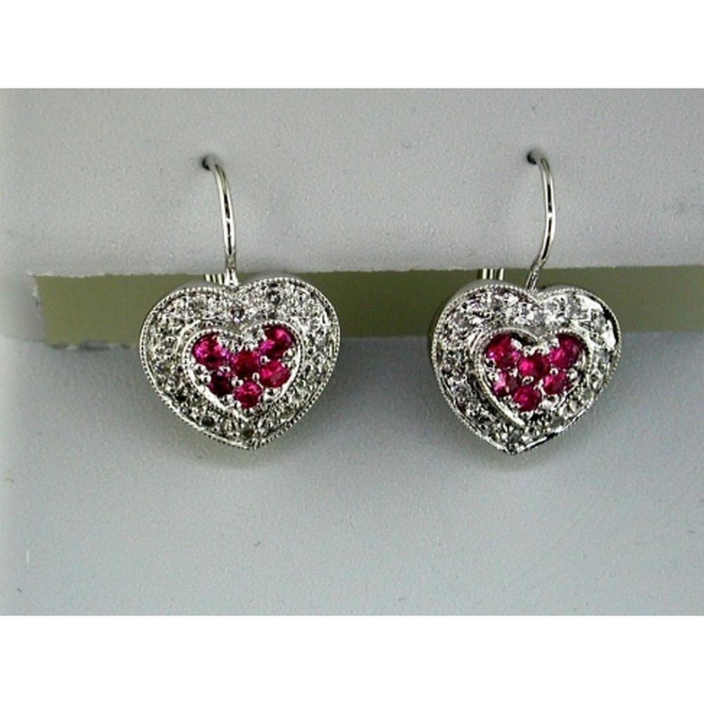 Royal 14K White Gold Heart-Shaped Ruby and Diamond Earrings - 0.27 Carat Ruby, 0.17 Carat Diamond Total Weight