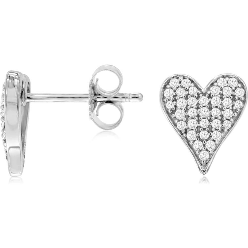 Royal 14K White Gold Heart Stud Earrings with Pave-Set Round Diamonds - 0.25 Carat Total Diamond Weight