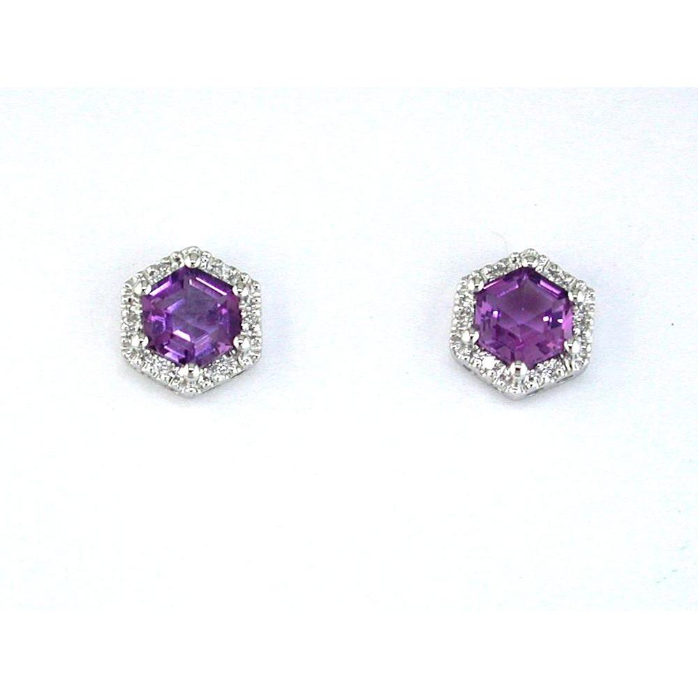 Royal 14K White Gold Hexagon Amethyst Earrings with Round Diamond Halo - 1.05 Carat Total Gem Weight