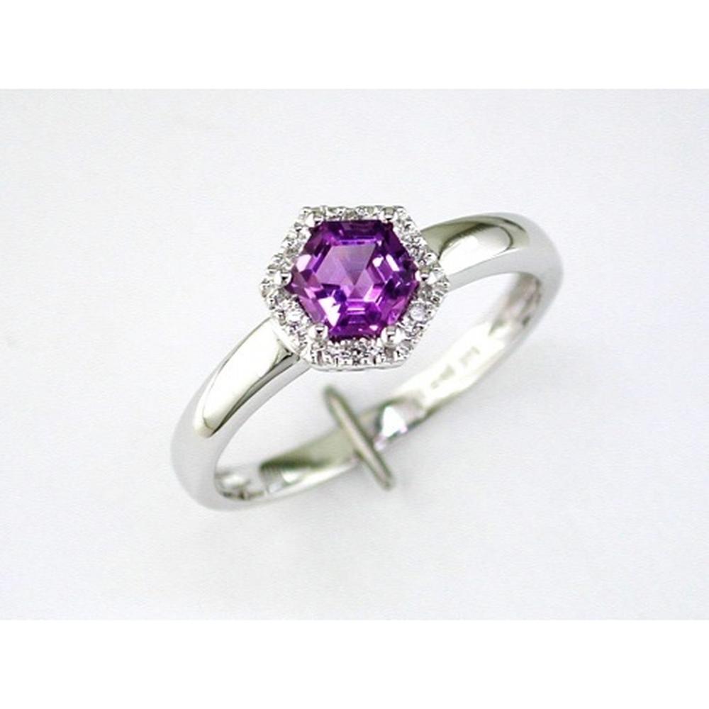 Royal 14K White Gold Hexagon Ring with 0.55- Carat Amethyst and Diamond Halo