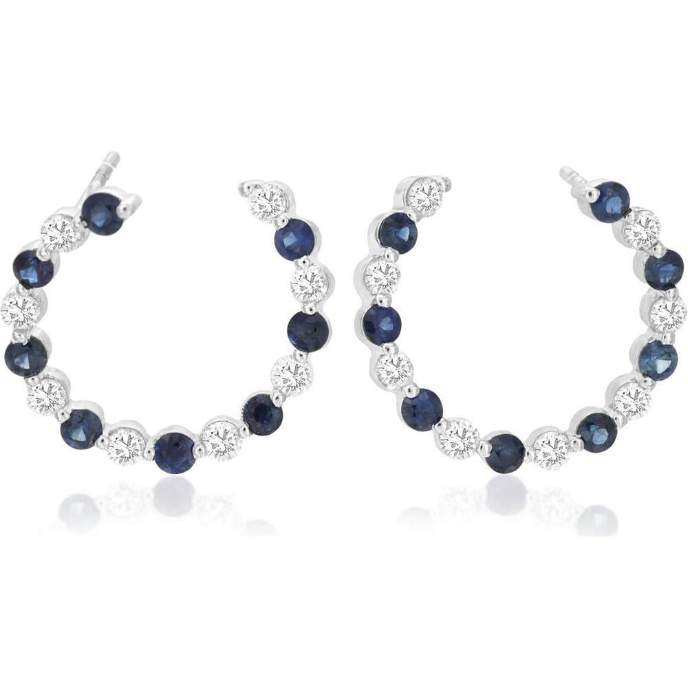 Royal 14K White Gold Hoop Earrings with Alternating Sapphire and Diamond Stones - 1.92 Carats Total Weight