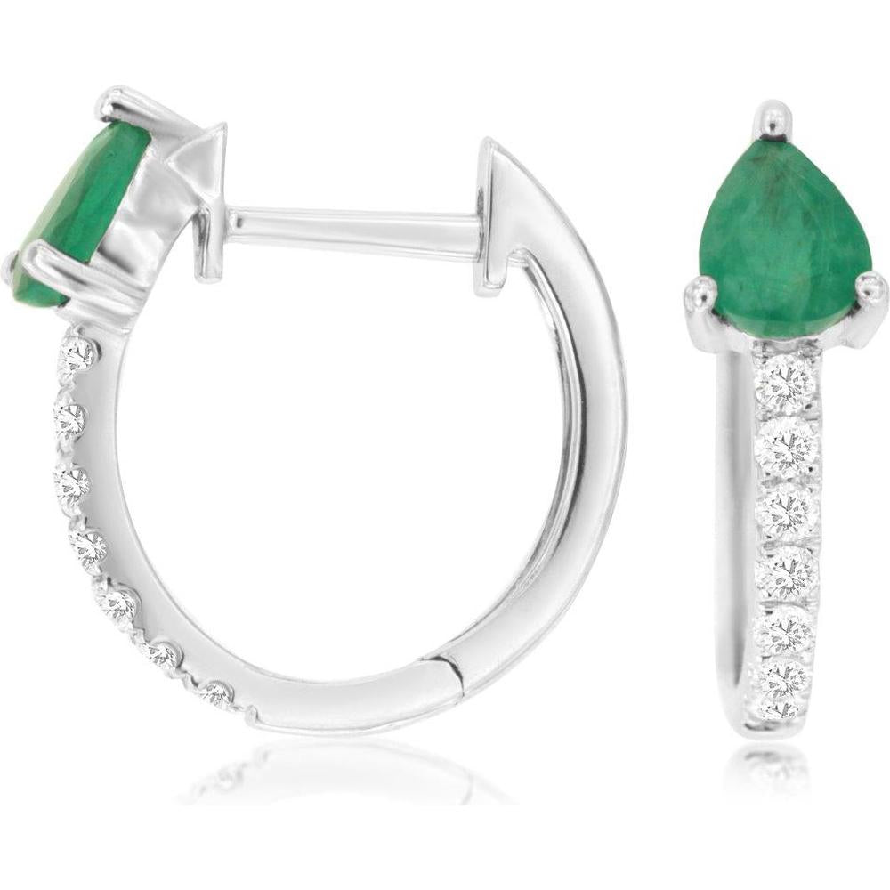 Royal 14K White Gold Huggie Earrings with Pear-Shaped Emeralds and Pave-Set Diamonds - 0.82 Carats Total Gem Weight