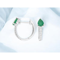 Royal 14K White Gold Huggie Earrings with Pear-Shaped Emeralds and Pave-Set Diamonds - 0.82 Carats Total Gem Weight