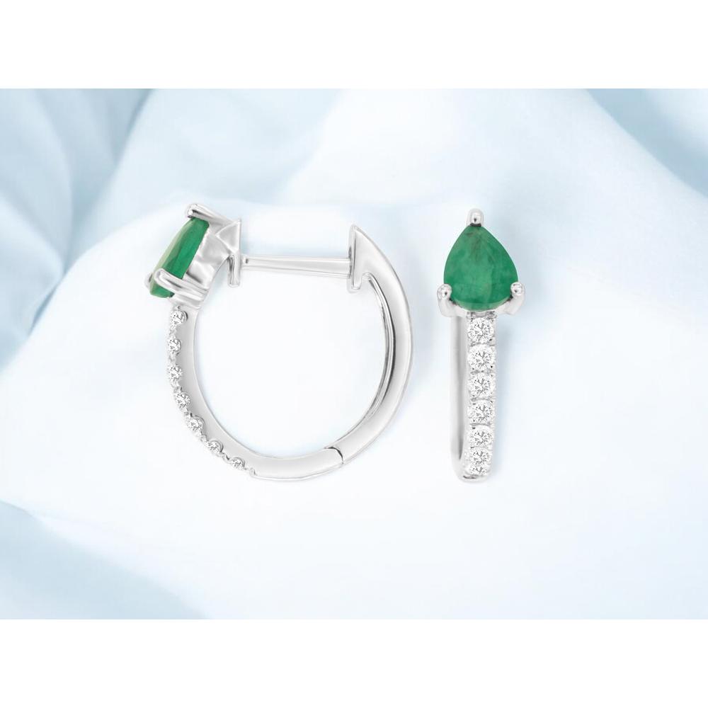 Royal 14K White Gold Huggie Earrings with Pear-Shaped Emeralds and Pave-Set Diamonds - 0.82 Carats Total Gem Weight