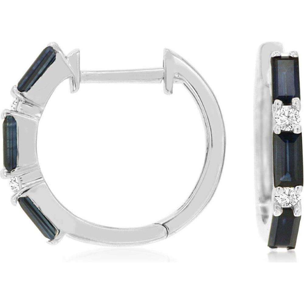 Royal 14K White Gold Huggie Hoop Earrings with Baguette-Cut Sapphires and Round Diamonds - 0.85 Carat Total Sapphire Weight and 0.10 Carat Total Diamond Weight