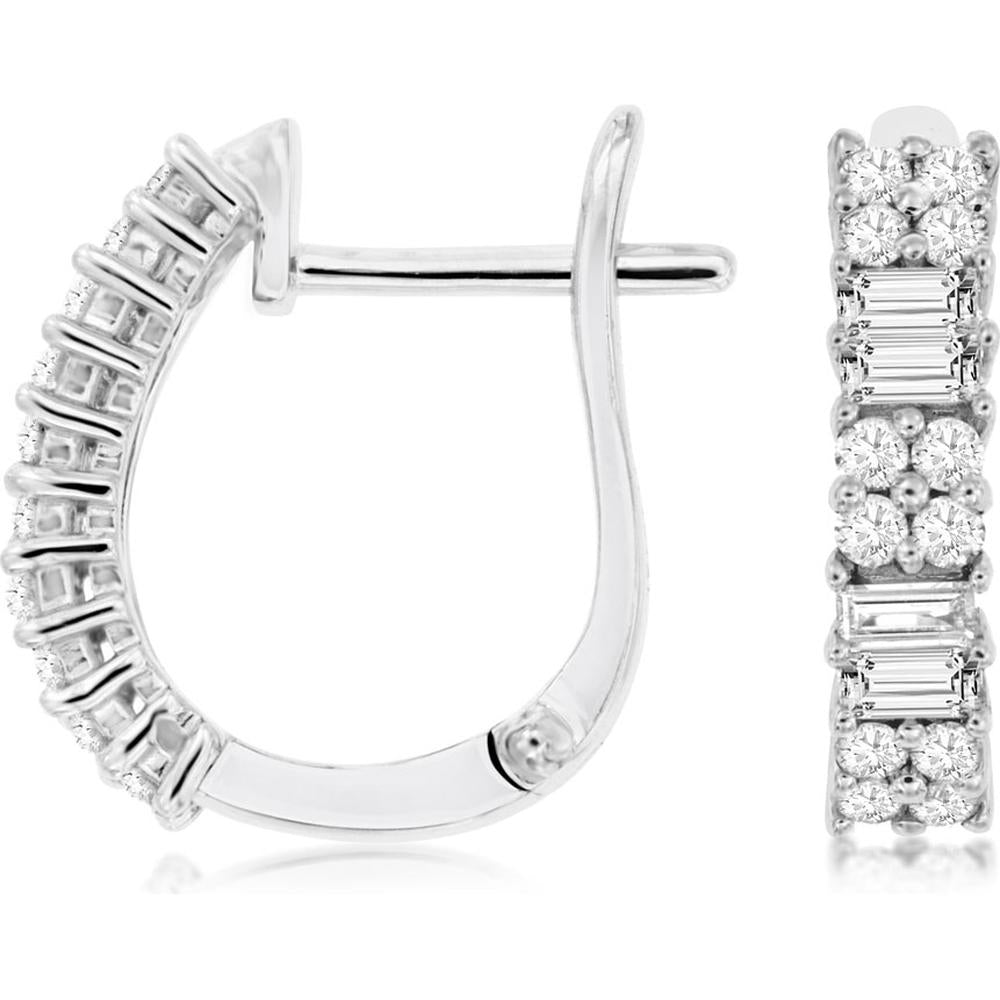 Royal 14K White Gold Huggies with Round and Baguette Diamonds - 0.59 Carat Total Diamond Weight