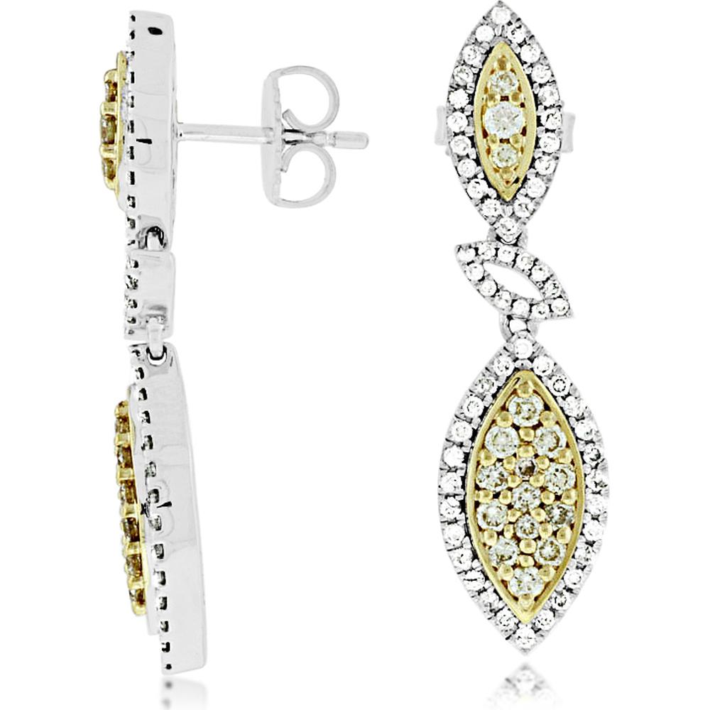 Royal 14K White Gold Marquise Drop Earrings with Yellow and White Diamonds - 1.2 Carats Total Diamond Weight
