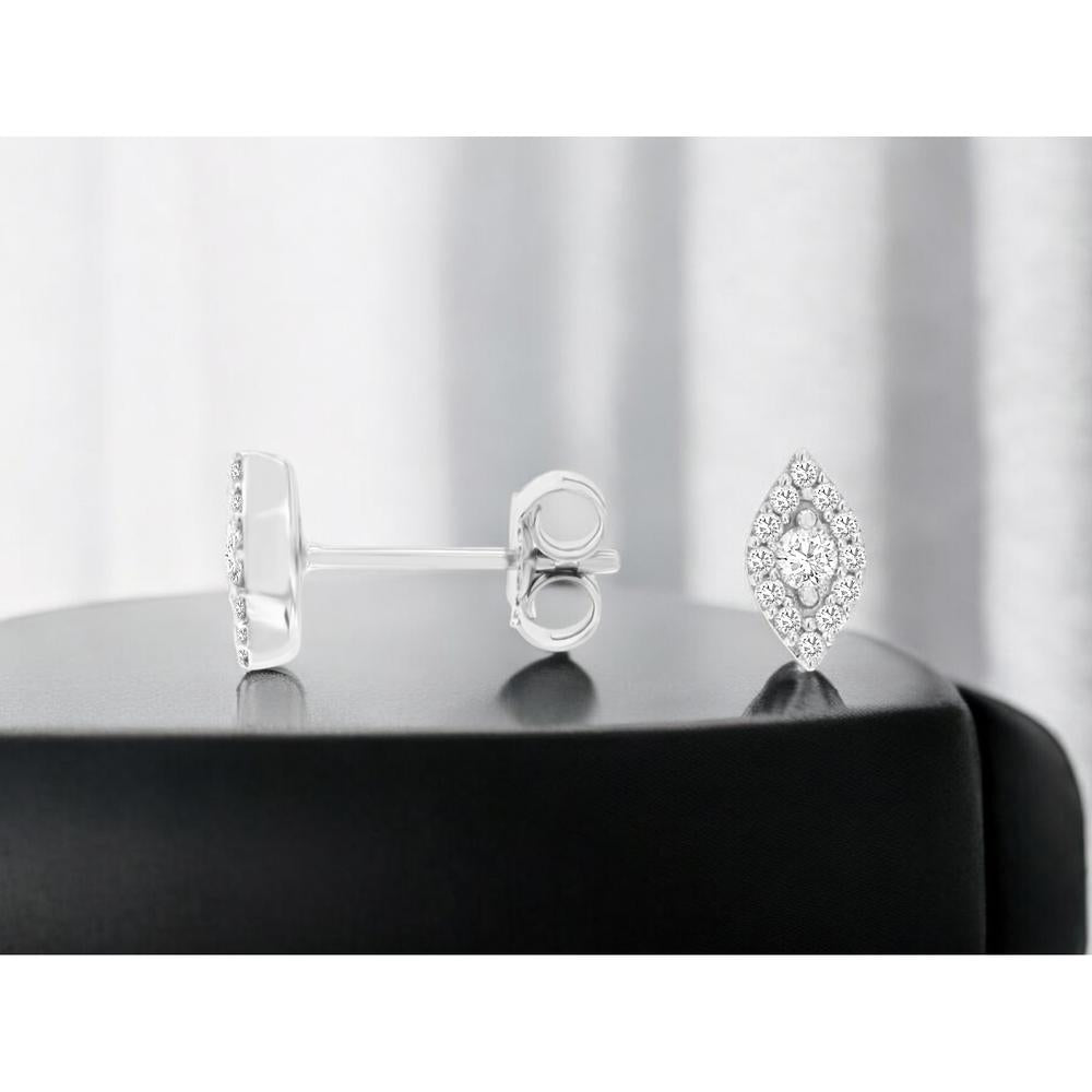 Royal 14K White Gold Marquise Halo Stud Earrings with Round Diamonds - 0.16 Carats Total Diamond Weight