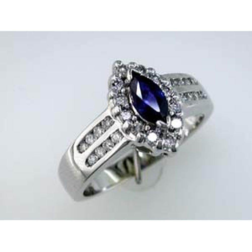 Royal 14K White Gold Marquise Sapphire and Diamond Halo Ring - 0.50 Carat Sapphire, 0.55 Carat Total Diamond Weight