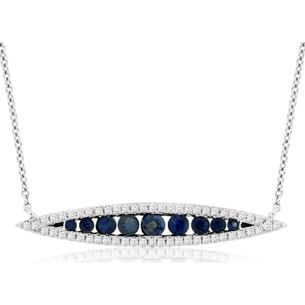Royal 14K White Gold Marquise Sapphire and Diamond Pendant Necklace - 0.64 Carats Sapphires & 0.30 Carats Diamonds