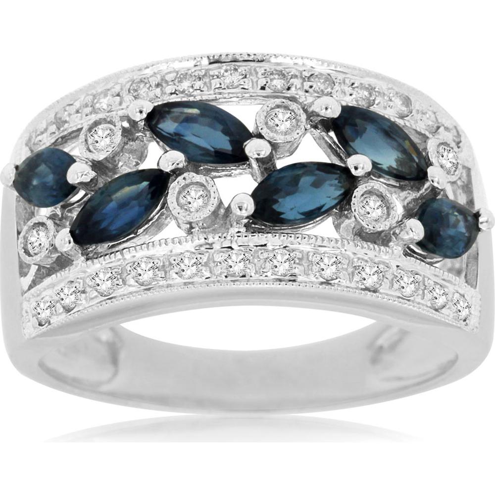 Royal 14K White Gold Marquise Sapphire & Diamond Ring - 1.20 Carat Sapphire, 0.20 Carat Diamond Total Weight