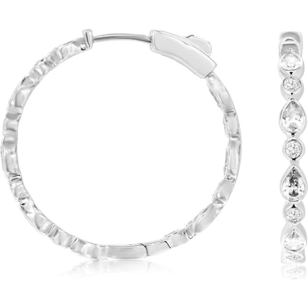Royal 14K White Gold Medium Hoop Earrings with Bezel Set Round and Pear-Shaped Diamonds - 1.98 Carat Total Diamond Weight