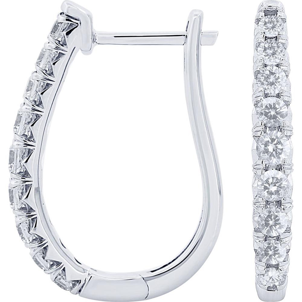Royal 14K White Gold Medium Hoop Earrings with Prong Set Round Diamonds - 1.00 Carat Total Diamond Weight
