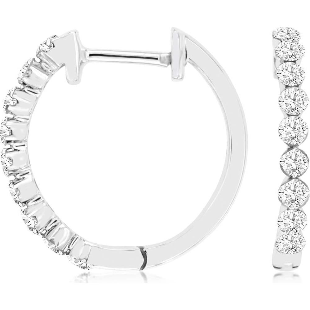 Royal 14K White Gold Medium Hoop Earrings with U-Prong Set Round Diamonds - 0.52 Carat Total Diamond Weight