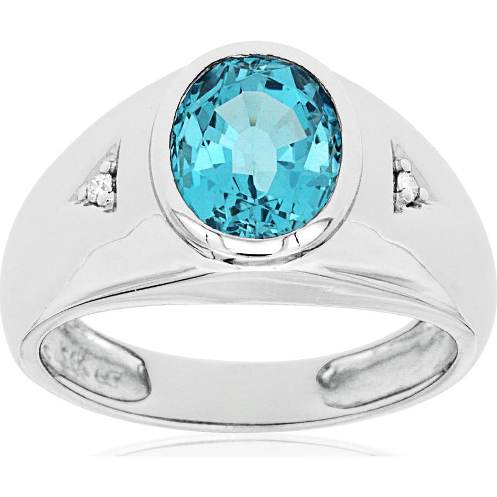 Royal 14K White Gold Men's Diamond and Blue Topaz Oval Ring - 3.29 Carat Total Gem Weight