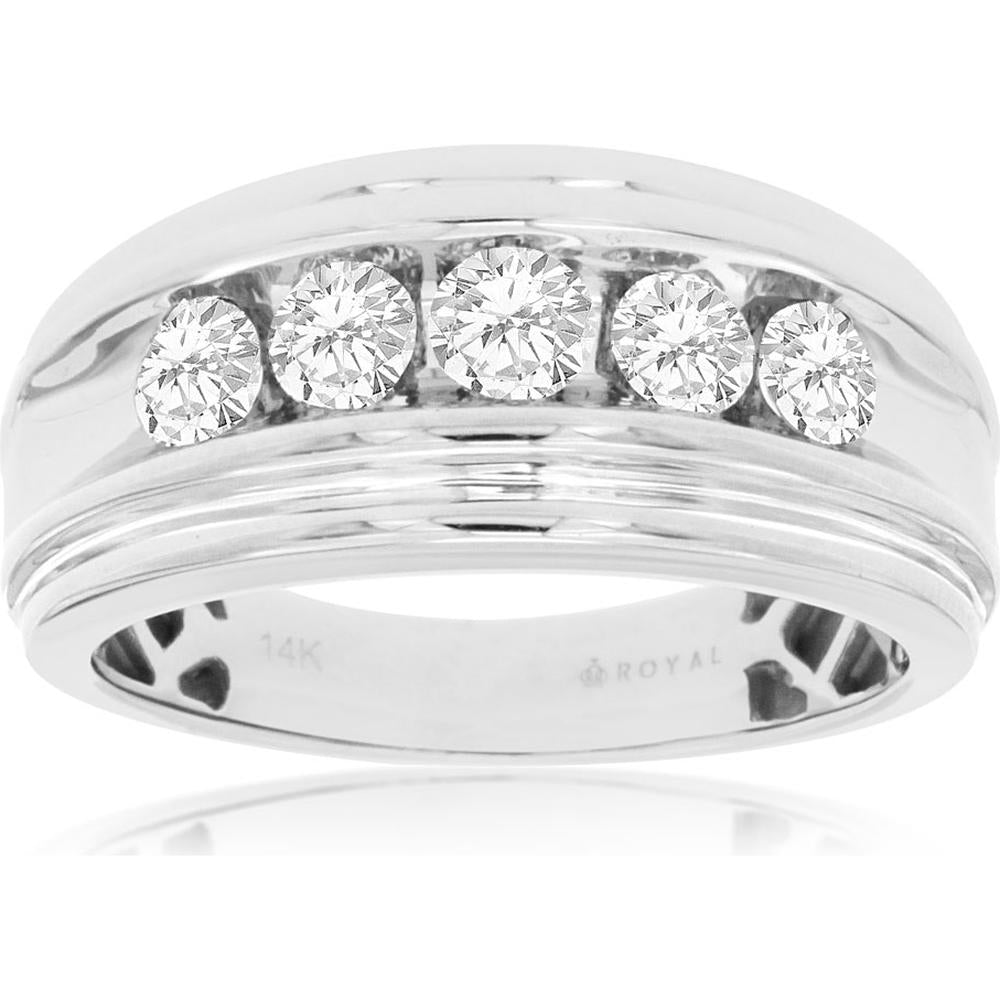 Royal 14K White Gold Men's Diamond Band Ring with 5 Round Brilliant Diamonds - 1.00 Carats Total Diamond Weight