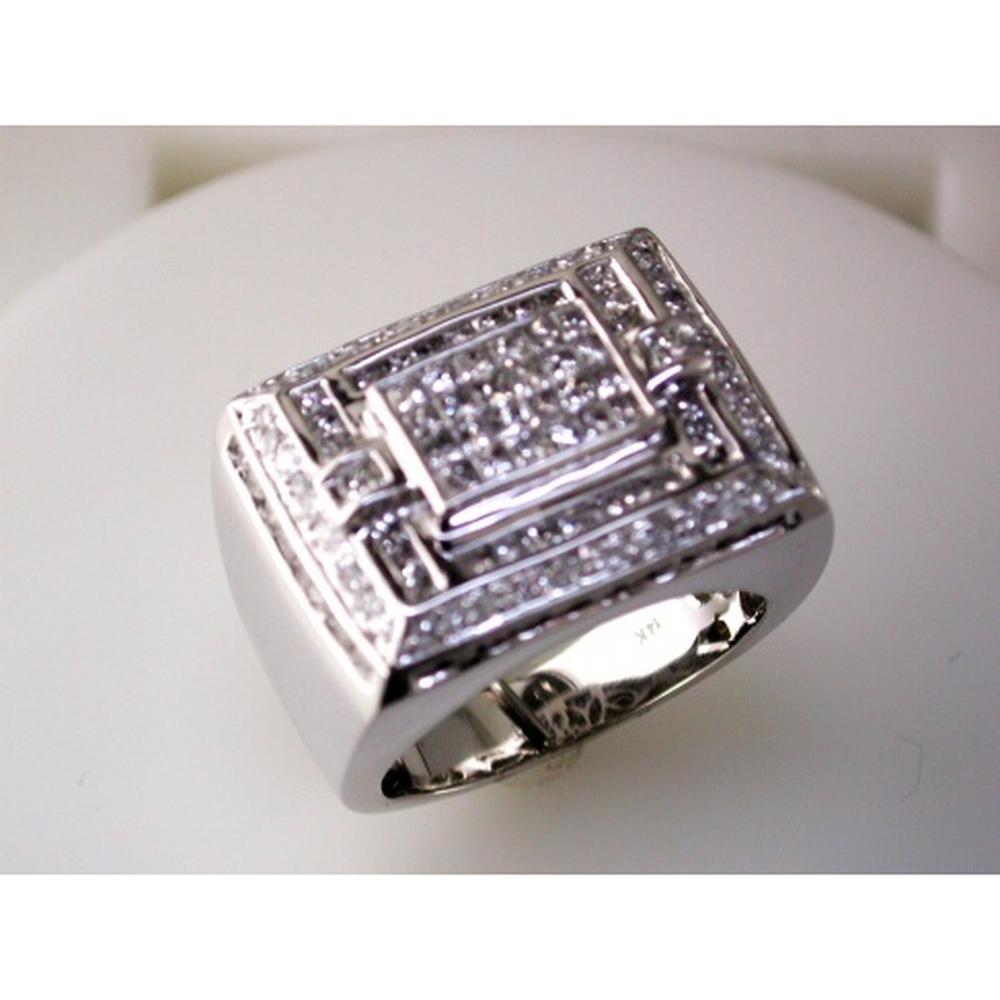 Royal 14K White Gold Men's Diamond Ring - 2.60 Carat Princess Cut Diamond