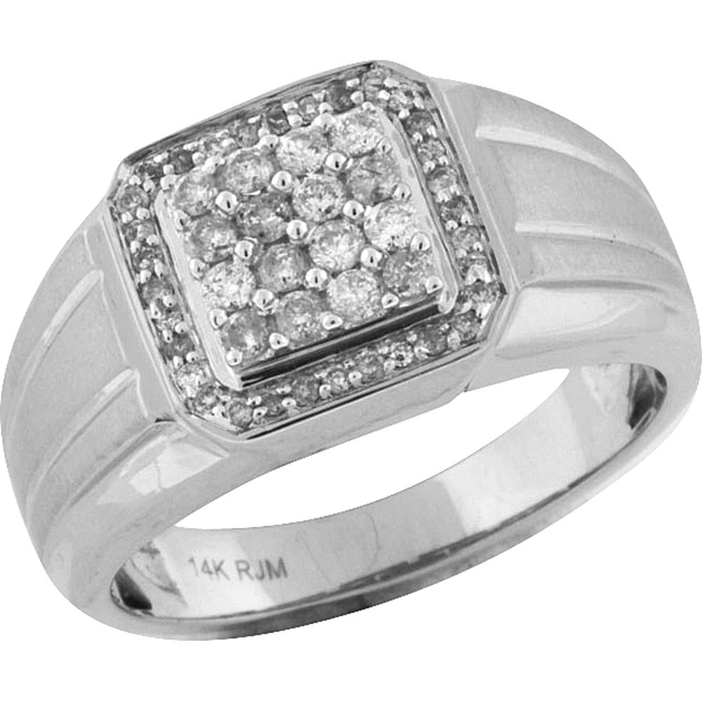 Royal 14K White Gold Men's Diamond Ring with 0.50 Carat Total Round Diamonds - Square Setting with Milgrain Detail