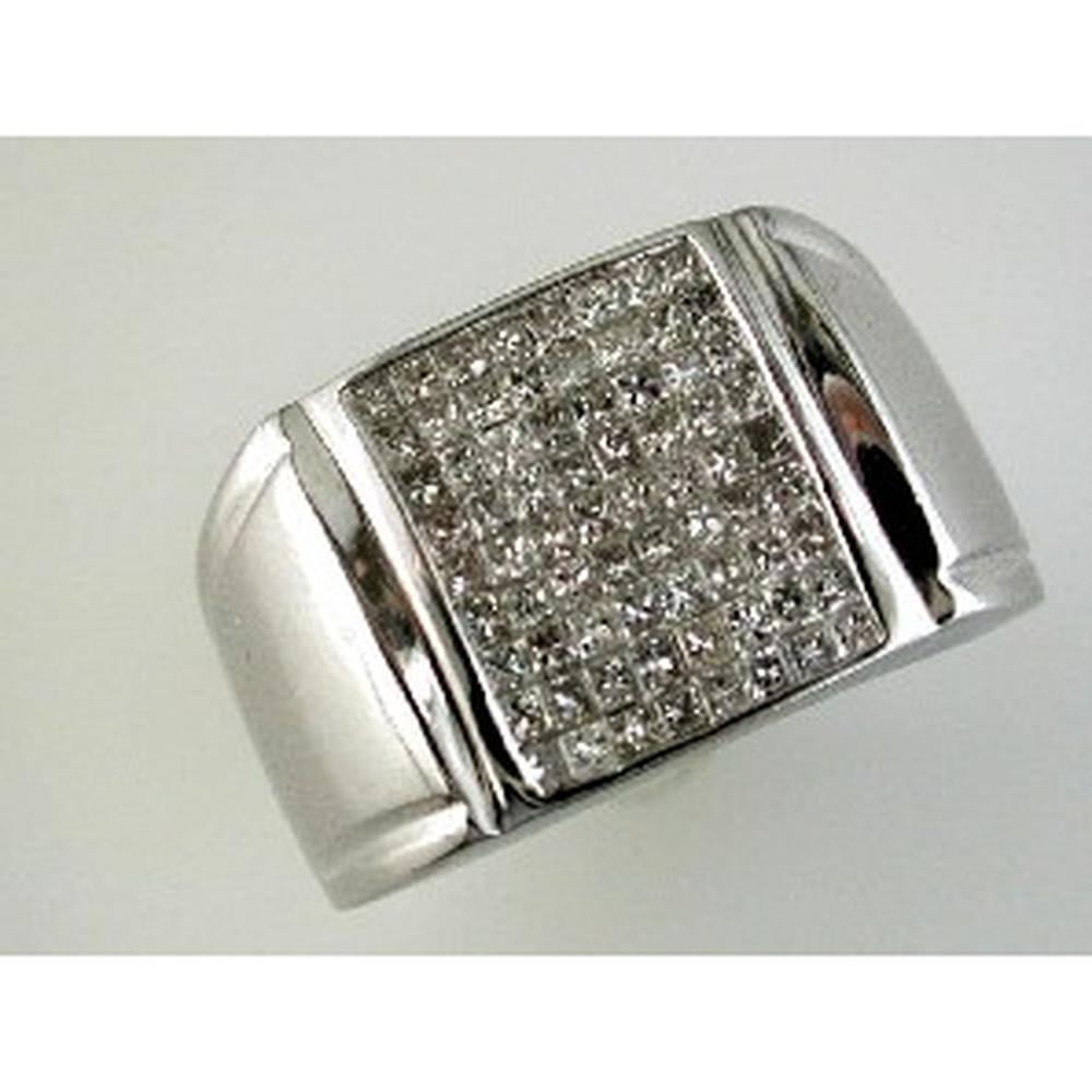 Royal 14K White Gold Men's Diamond Ring with Invisible Set Princess Cut Diamonds - 1.25 Carats Total Diamond Weight