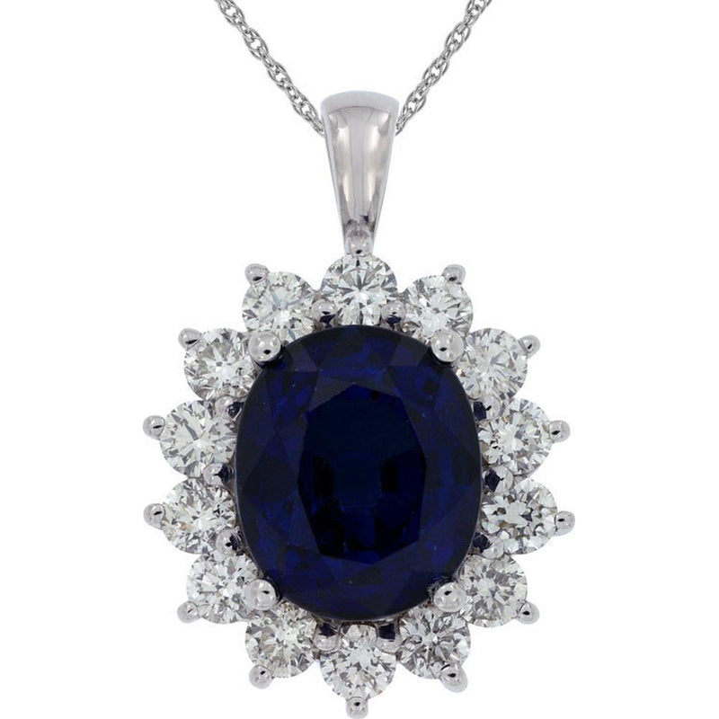 Royal 14K White Gold Multi-Faceted Diamond Pendant - 1.90 Carat Oval Colored Stone, 7.50 Carat Total Diamond Weight