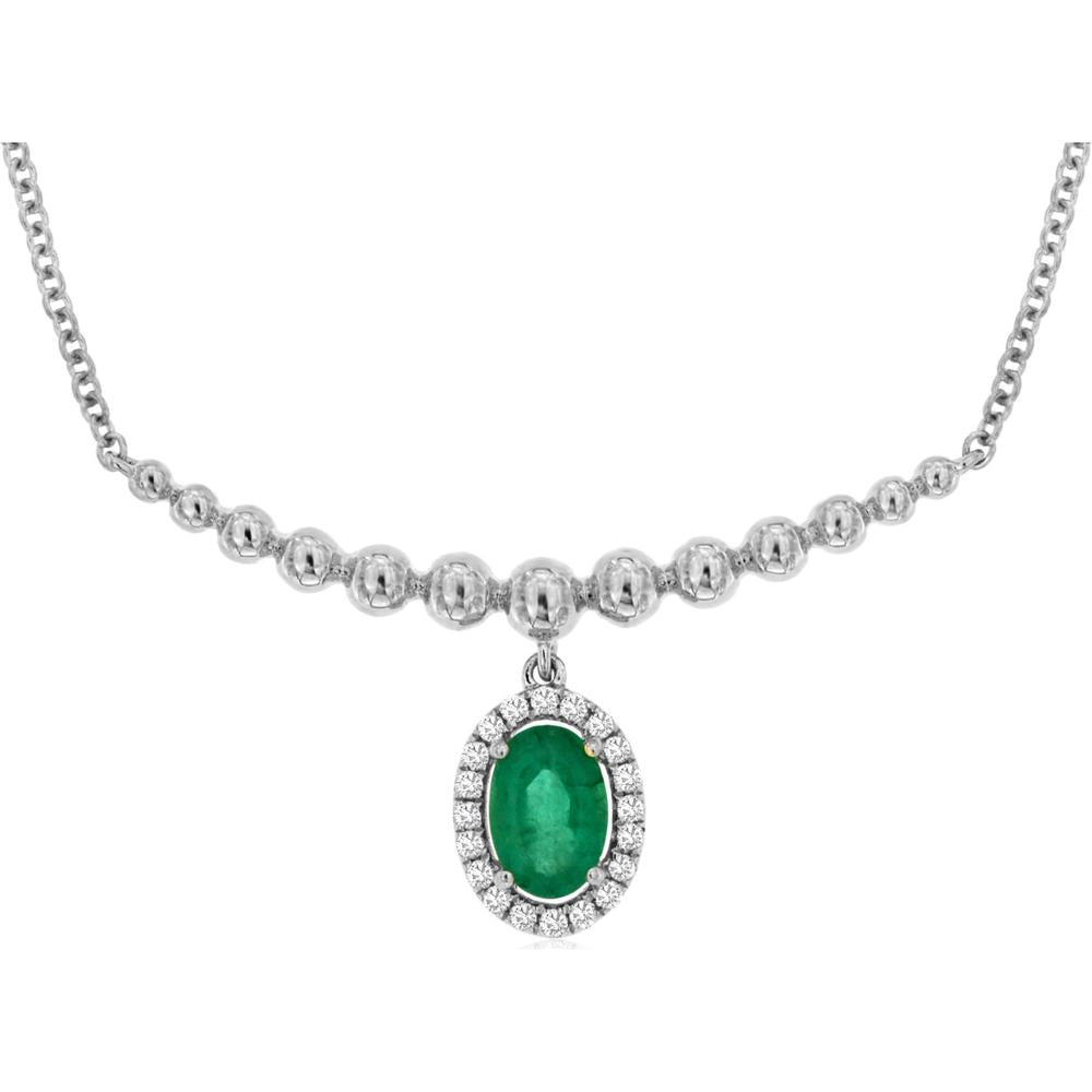 Royal 14K White Gold Necklace with 0.45 Carat Emerald and 0.08 Carat Diamond Halo Pendant