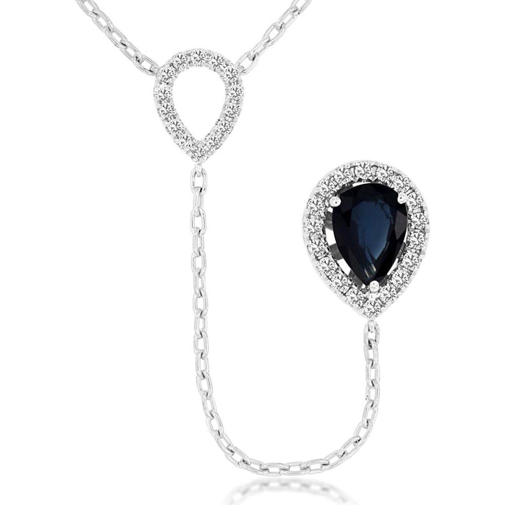 Royal 14K White Gold Necklace with 0.88 Carats Pear-Shaped Sapphire and 0.20 Carats Halo Diamond Accents