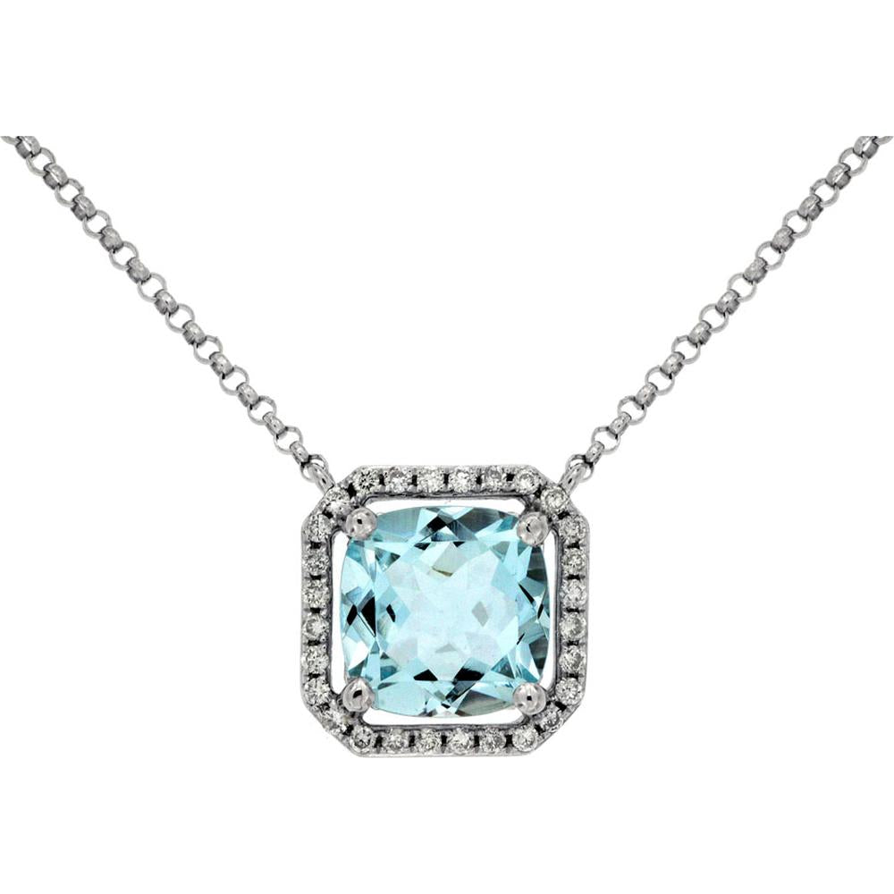 Royal 14K White Gold Necklace with 1.75 Carat Cushion Cut Aquamarine and 0.14 Carat Diamond Halo