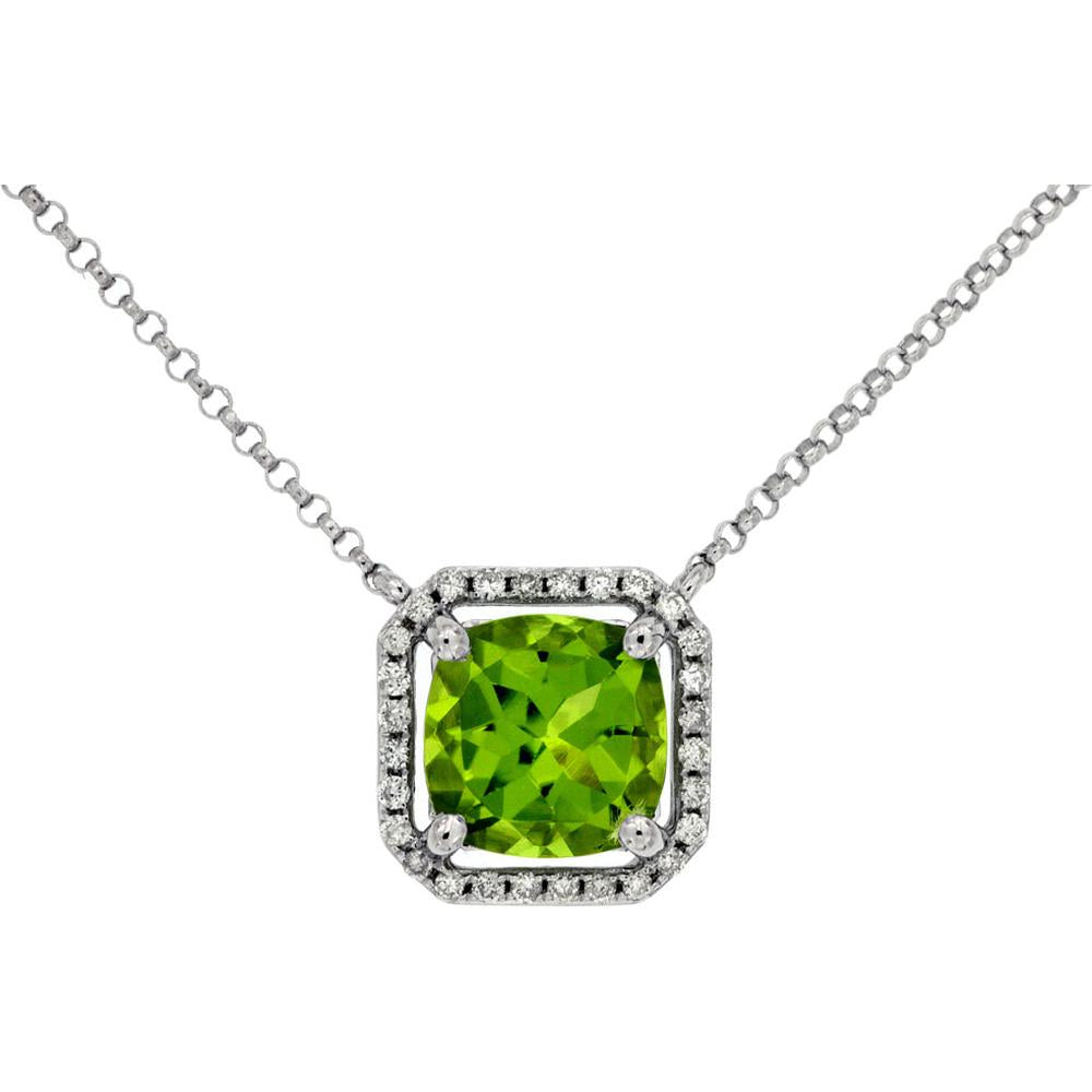 Royal 14K White Gold Necklace with 2.00 Carat Cushion Cut Peridot and 0.14 Carat Diamond Halo