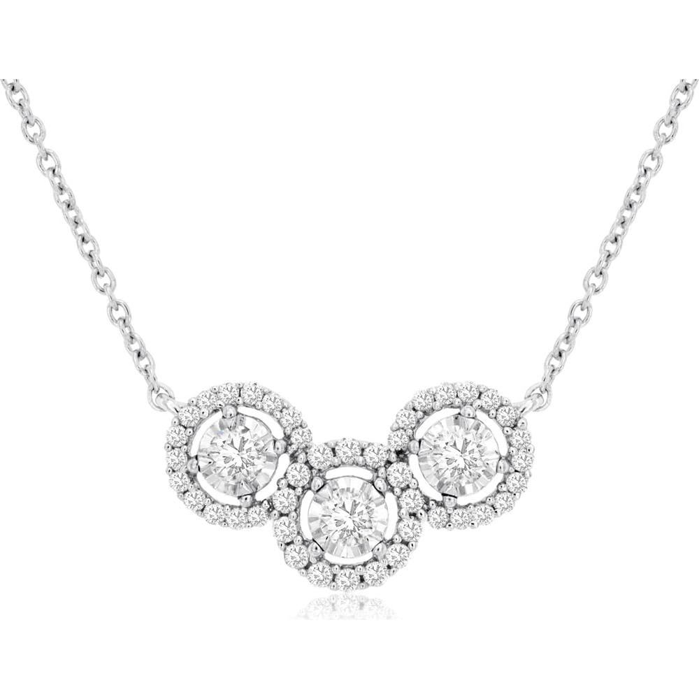 Royal 14K White Gold Necklace with 3 Round Halo Set Diamonds - 0.50 Carat Total Diamond Weight