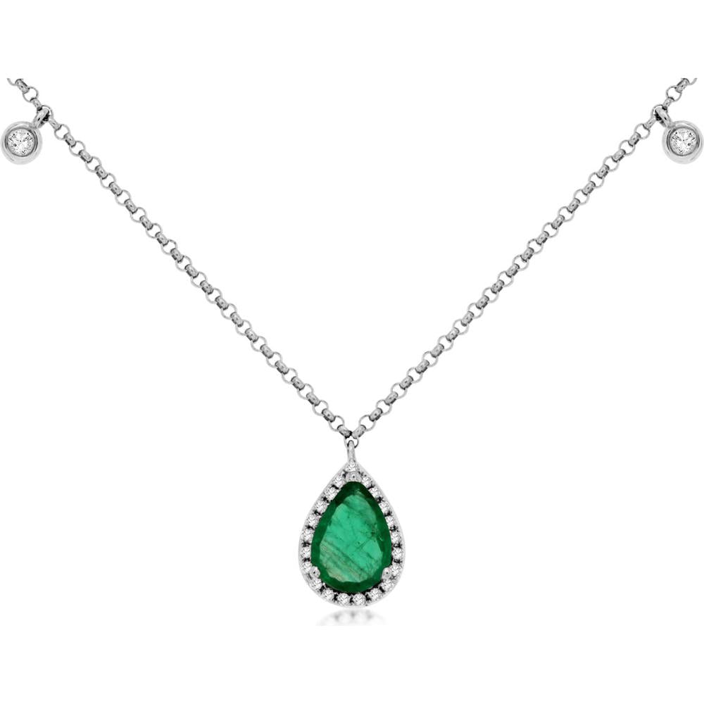 Royal 14K White Gold Necklace with Pear-Shaped Emerald and Diamond Halo - 0.68 Carat Emerald, 0.12 Carat Diamond