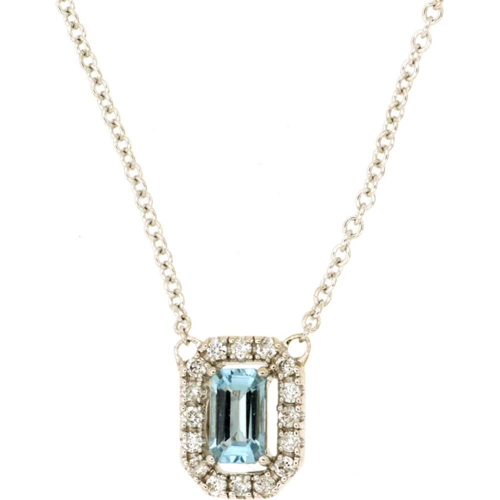 Royal 14K White Gold Necklace with Rectangular Aquamarine and Diamond Halo - 0.34 Carat Total Gem Weight