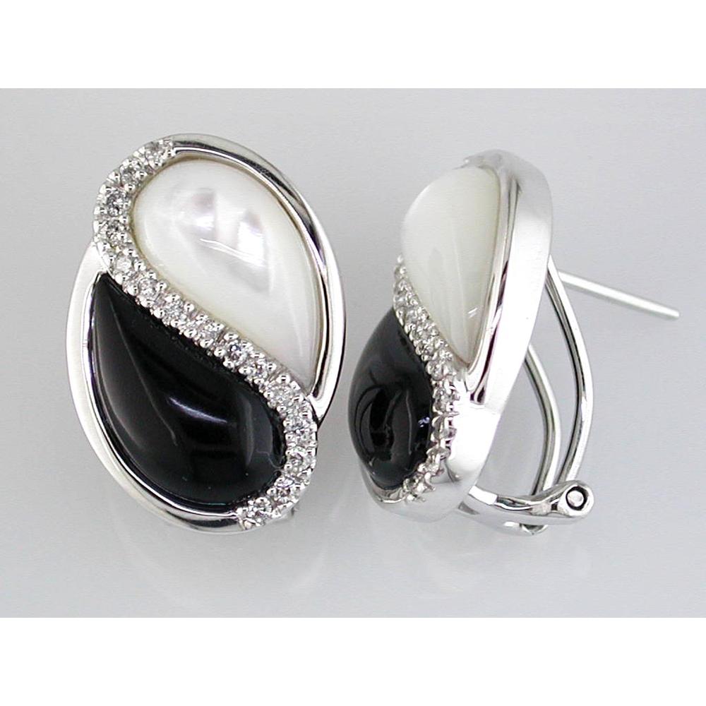 Royal 14K White Gold Onyx and Mother of Pearl Earrings - 0.21 Carat Total Diamond Weight