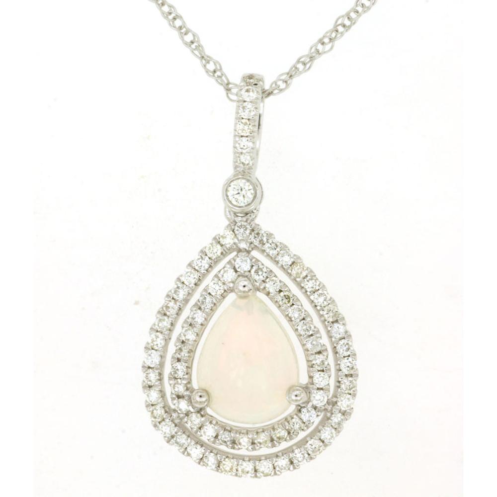 Royal 14K White Gold Opal and Diamond Double Halo Pendant with 1.20 Carats Opal and 0.40 Carats Diamonds