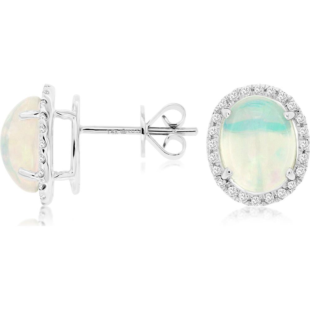 Royal 14K White Gold Opal & Diamond Earrings - 3.40 Carat Opal, 0.35 Carat Diamond