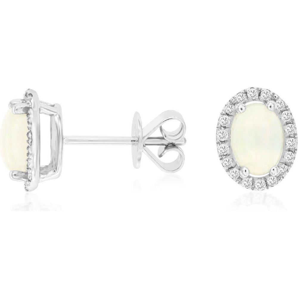 Royal 14K White Gold Opal and Diamond Halo Earrings - 1.19 Carats Total Gem Weight