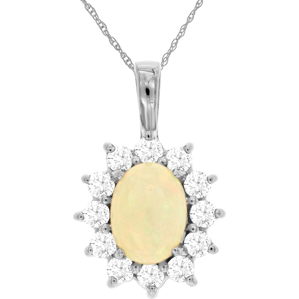 Royal 14K White Gold Opal & Diamond Pendant with Halo - 1.53 Carats Total Carat Weight