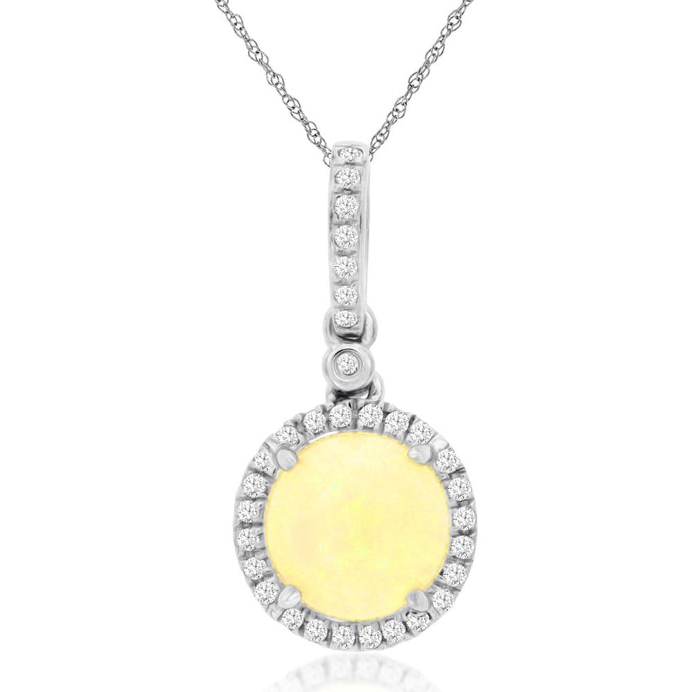 Royal 14K White Gold Opal and Diamond Pendant with Round Opal - 1.32 Carats Total Gem Weight