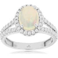 Royal 14K White Gold Opal and Diamond Split-Shank Halo Ring with 1.10 Carats Opal and 0.72 Carats Diamonds