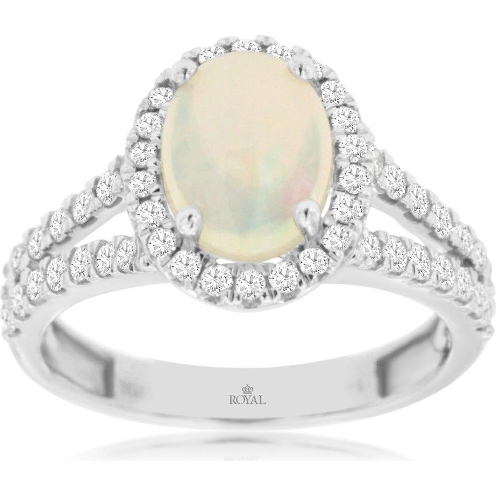 Royal 14K White Gold Opal and Diamond Split-Shank Halo Ring with 1.10 Carats Opal and 0.72 Carats Diamonds
