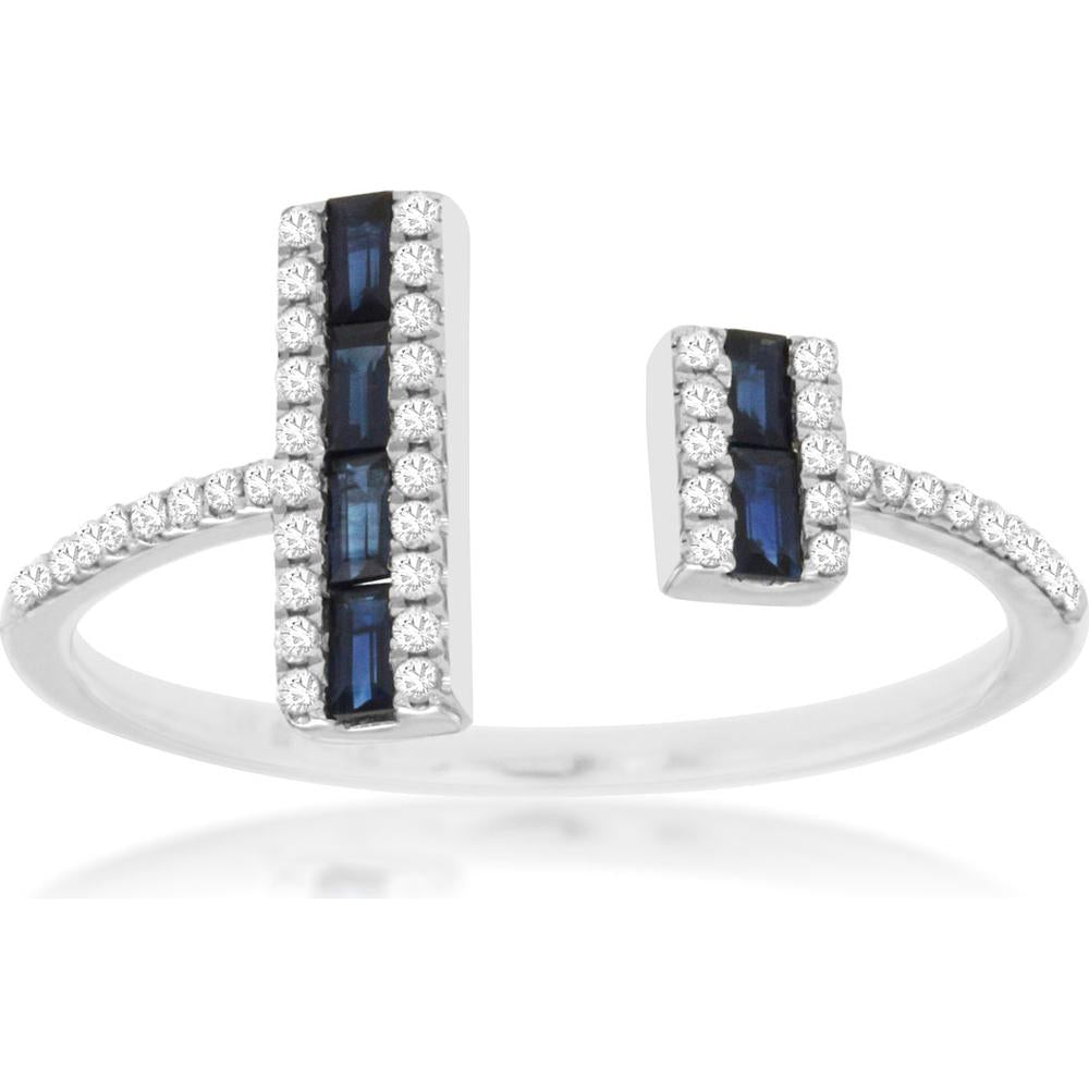Royal 14K White Gold Open Ring with Baguette-Cut Sapphires and Round Diamonds - 0.22 Carat Sapphire and 0.14 Carat Diamond Total Carat Weight