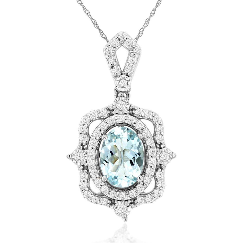 Royal 14K White Gold Oval Aquamarine Pendant with Diamond Halo - 0.93 Carat Total Gem Weight