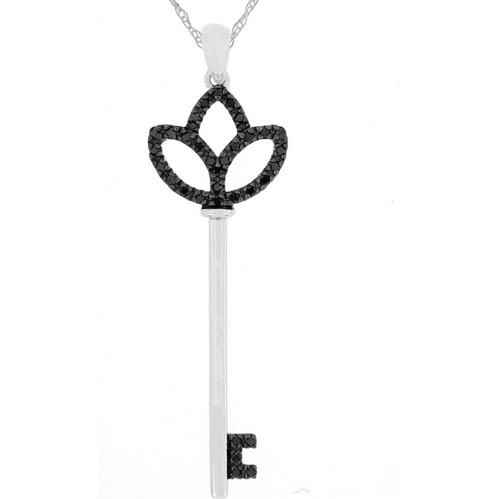 Royal 14K White Gold Oval Black Diamond Key Pendant - 0.17 Carat Total Diamond Weight