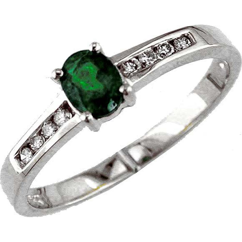 Royal 14K White Gold Oval-Cut Emerald and Round-Cut Diamond Ring - 0.35 Carat Emerald, 0.11 Carat Diamonds