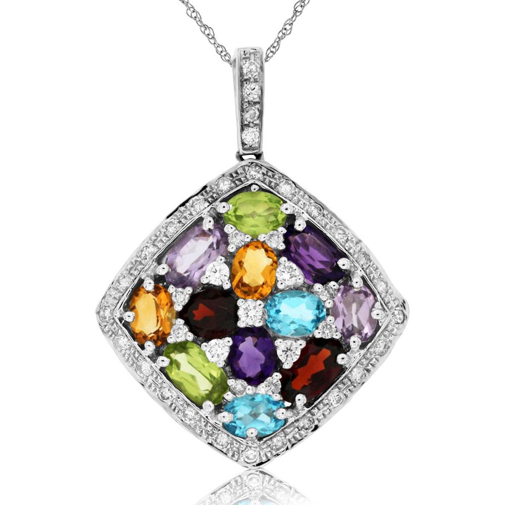 Royal 14K White Gold Oval Diamond and Semi-Precious Pendant - 2.80 Carat Total Gem Weight