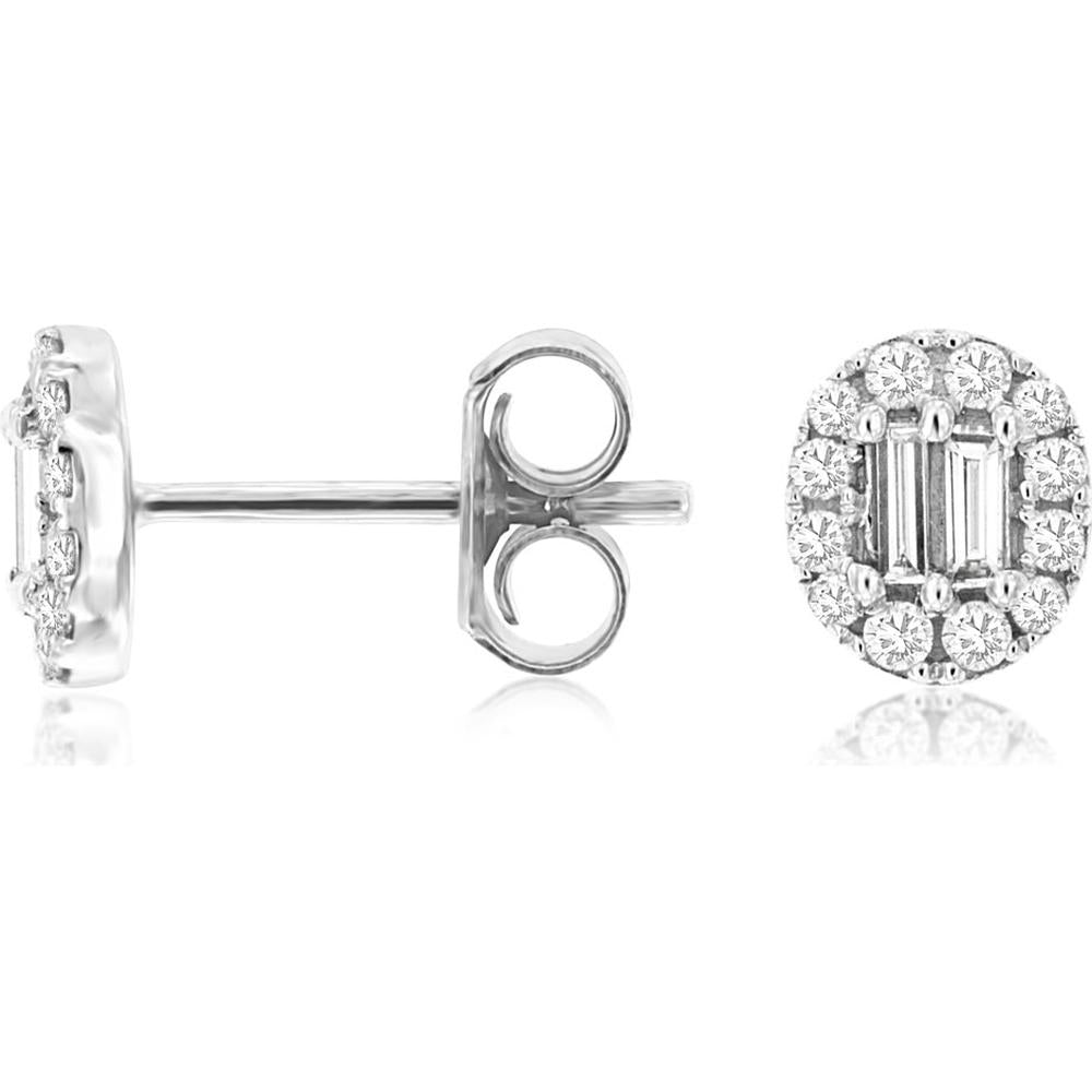 Royal 14K White Gold Oval Diamond Stud Earrings with Round and Baguette Diamonds - 0.28 Carats Total Diamond Weight