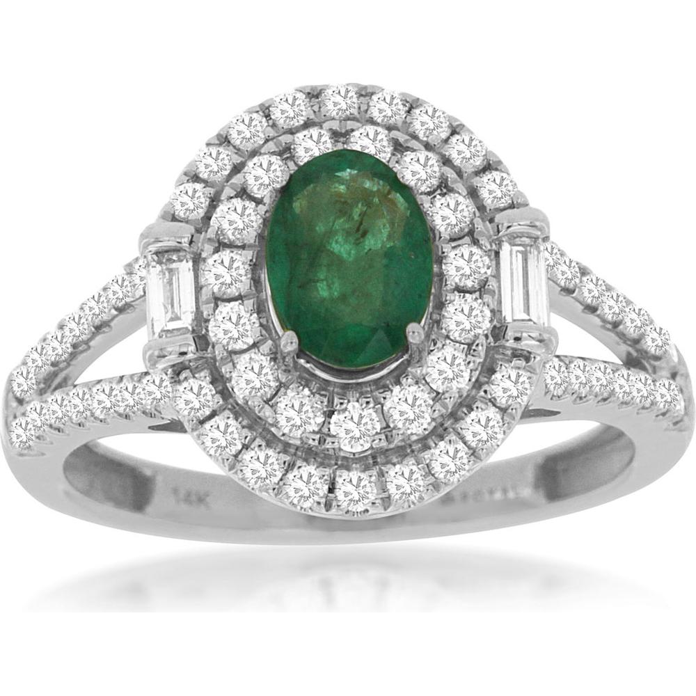 Royal 14K White Gold Oval Emerald and Diamond Halo Split Shank Ring - 0.70 Carat Emerald, 0.56 Carat Diamond